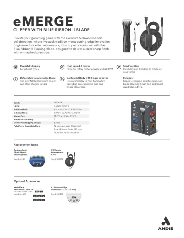 Andis eMERGE S/S Exclusive Black w/Blue Ribbon 2